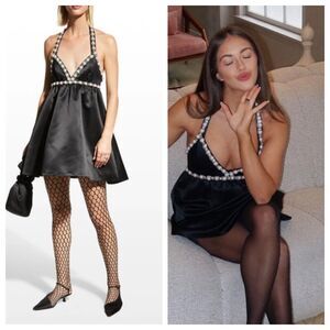 ALICE + OLIVIA Black Tie Halter Neck Pearl Diamond Mini Dress Empire Waist Sz 0